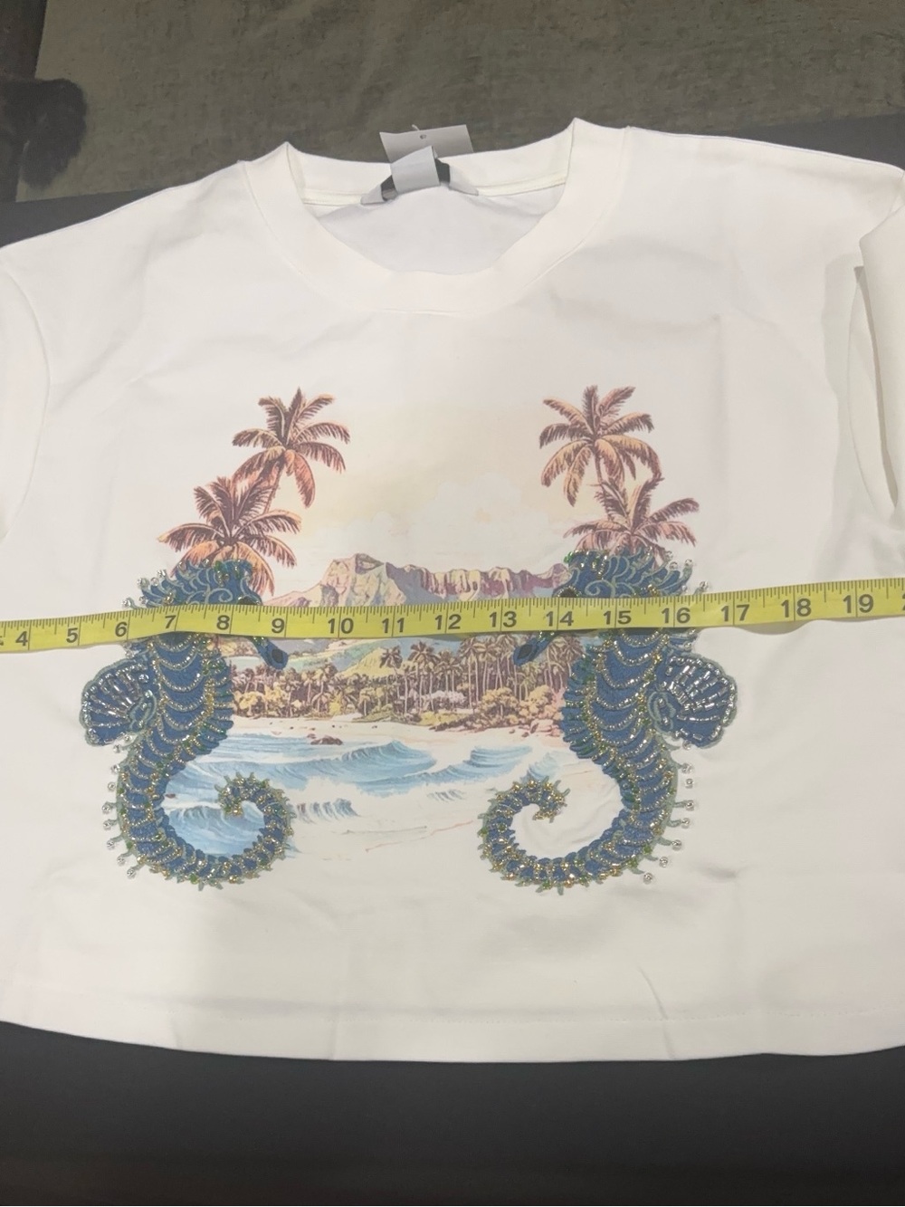 H&M Edition Size L Embellished Cropped T-Shirt(white/seahorses) NWT - Picture 8 of 10